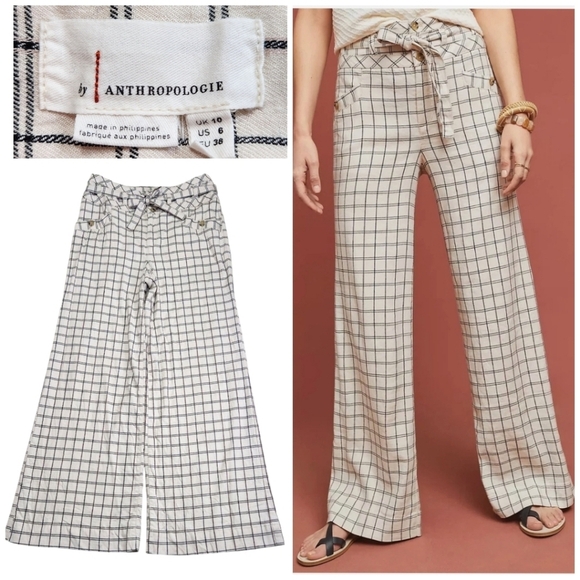Anthropologie lvory & Black Window Pane Plaid Wide Leg High Waist Trousers Sz 6 - Picture 1 of 12